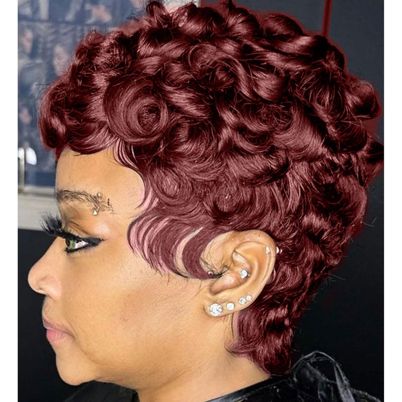 MOONSHOW Short Pixie Wigs for Black Women Wine Red Pixie Cut Wig Burgundy Short Curly Wigs for Black Women Synthetic 99J Color Short Hair Wig for Women Wine Red Layered Pixie WigsBurgundy